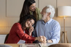 Three people smiling and holding hands around a table with a photo album, symbolizing thoughtful care options for elderly parents.